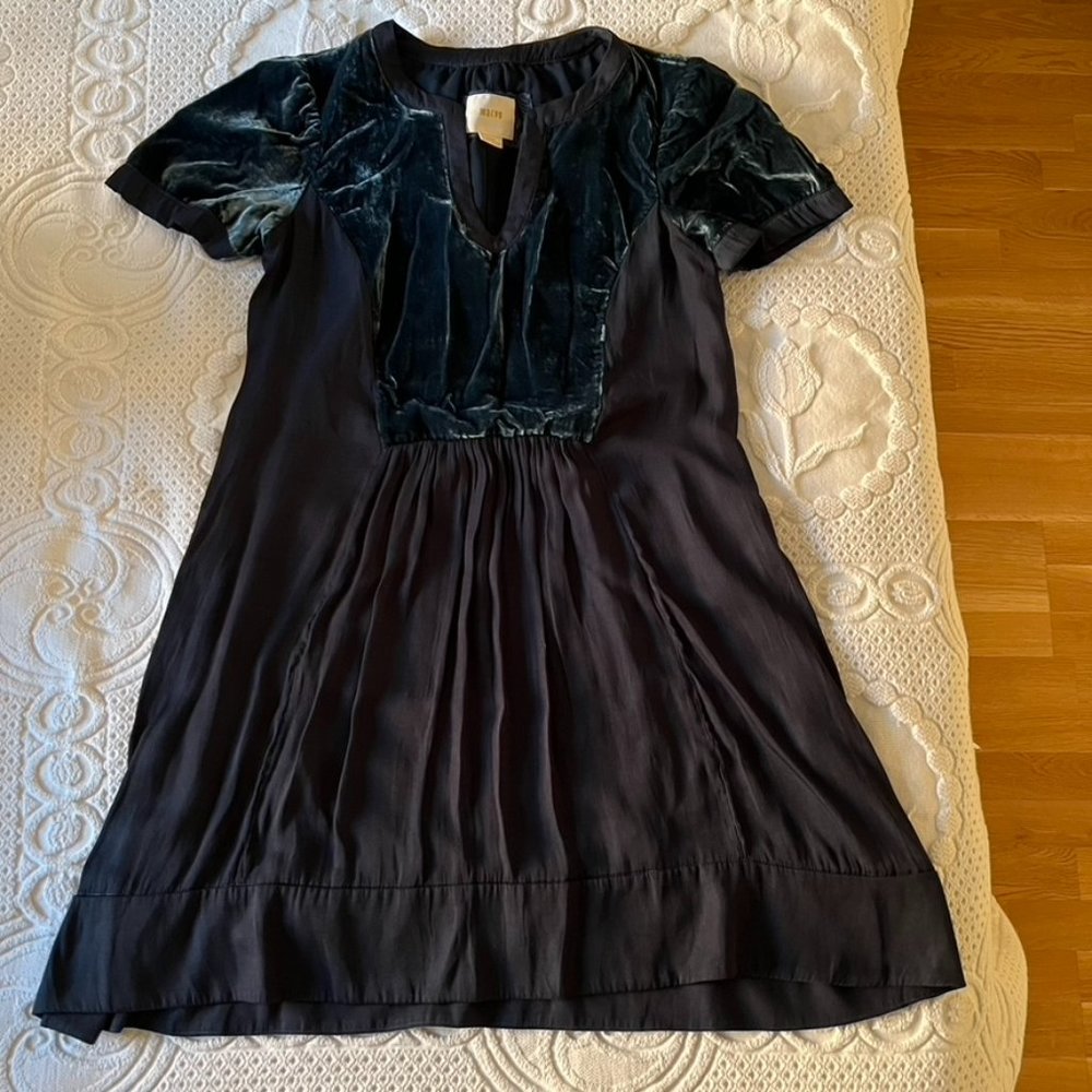 Anthropologie Short Sleeve Velvet Navy Dress
